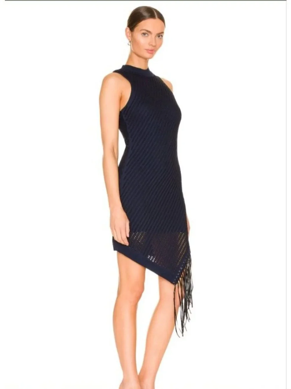 Jonathan Simkhai Chelle Fringe Pointelle Knit Dress Blue Black Sz Medium PERFECT - Picture 2 of 8